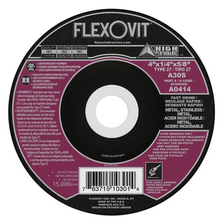 FLEXOVIT HP Fast Grind Depressed Center Grinding Wheel, 4 in Dia x 1/4 in THK, 5/8 in Center Hole, A30S Grit,  A0414